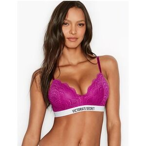Victoria's Secret Lace Wireless Lined Bra Magenta Pink Logo Band 34D NWT